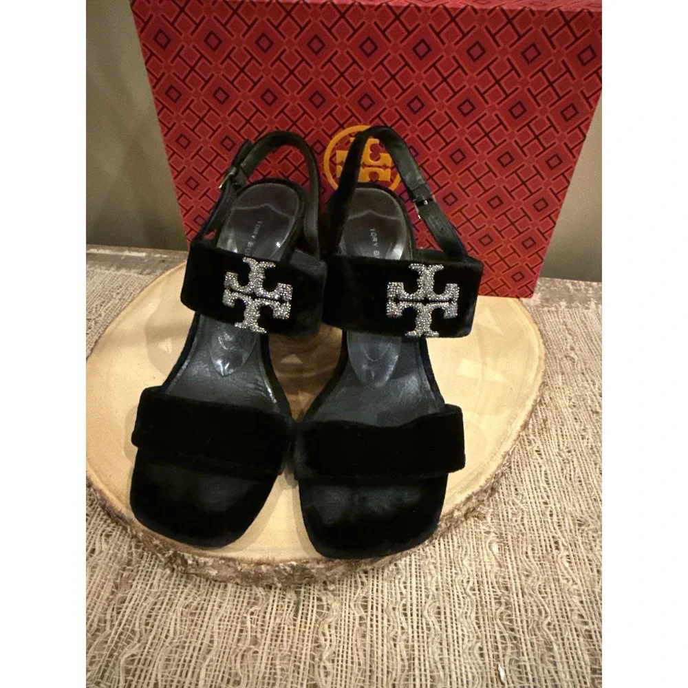 Tory Burch Eleanor Pave Heel Sandal in Black Velvet‎ Leather Rt-428$ Sz-9.5